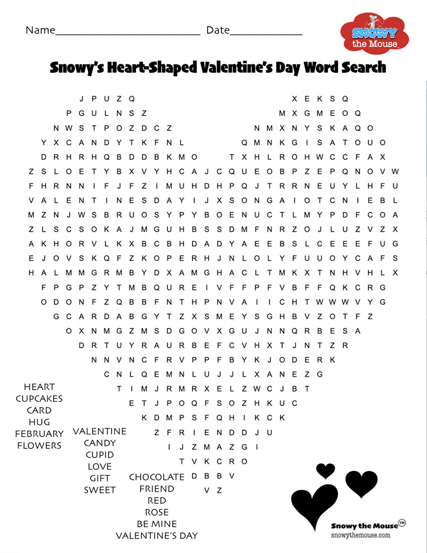 Snowy's Heart-Shaped Valentine's Day Word Search - Snowy the Mouse