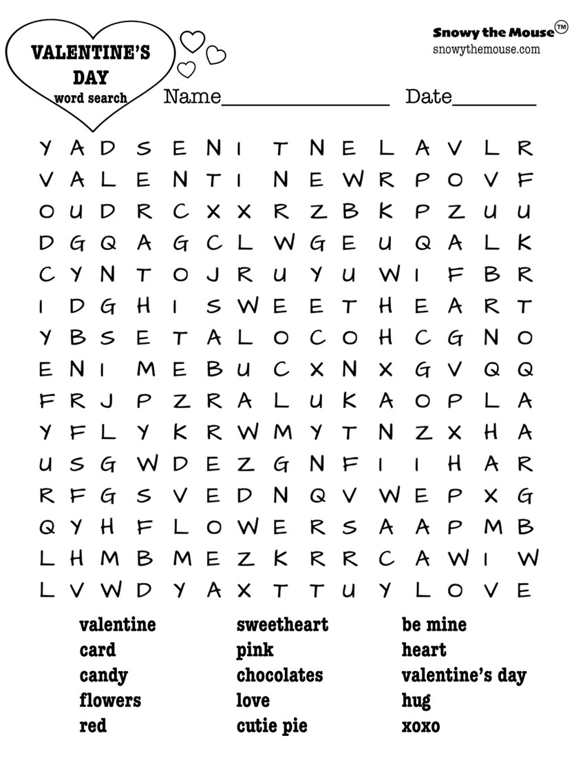 Valentine's Day Word Search - Snowy the Mouse